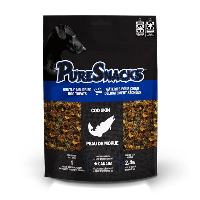 PureSnacks Cod Skin 199g | 7.0oz dog treats bag featuring gently air-dried cod skin made from 100% pure human grade cod skin, containing 2.4lb of raw cod skin per bag, sourced and air dried in Canada, with black and blue packaging and a black dog profile image.
