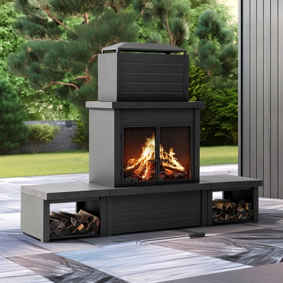 Sunjoy Outdoor Wood Burning Fireplace ,Steel Metal Fire Pit with Wood Storage and Chimney, Fireplace with Mesh Spark Screen Door & Fire Poker, for Patio Garden Deck Backyard
