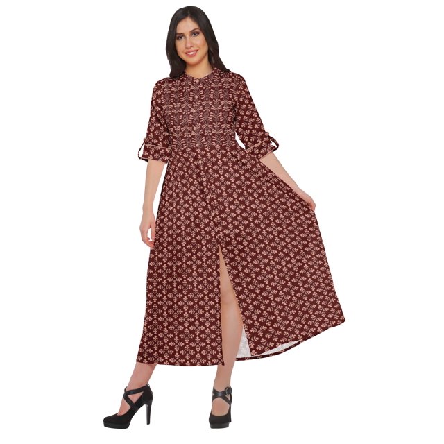 Moomaya Printed Front Slit A-Line Kurtis For Women Short Sleeve Summer Kurta