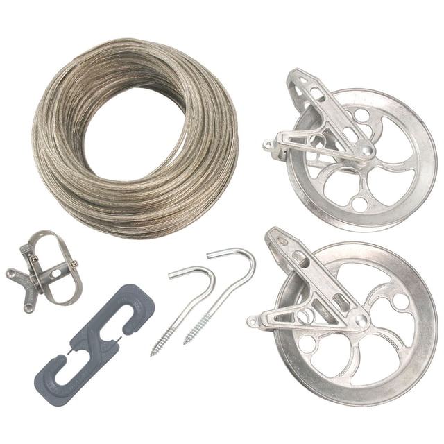 Ben-Mor Heavy Duty Clothesline Kit featuring 7 pieces: a 150-foot gold clothesline coil, two silver metal pulleys with mounting brackets, two metal screw hooks, one metal tightener, and one gray plastic spacer, ideal for laundry room storage and outdoor clothes drying.