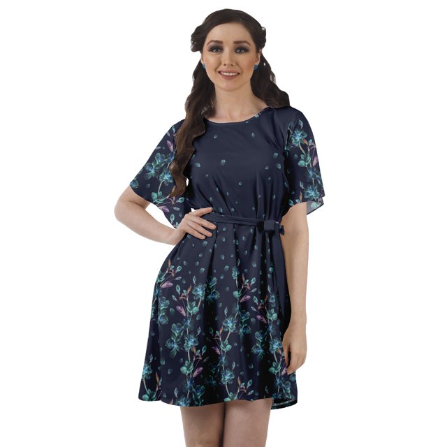 Moomaya Robe d'Été Courte Évasée à Manches Cloche en Georgette Mousse Imprimée pour Femmes