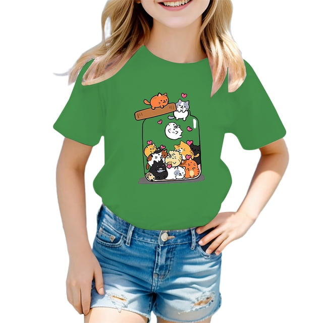 HNMKIU T-Shirt d'Été Décontracté pour Filles avec Mignon Imprimé Graphique Col Rond Manches Courtes T-Shirt Confortable pour Enfants Vert,11-12ans