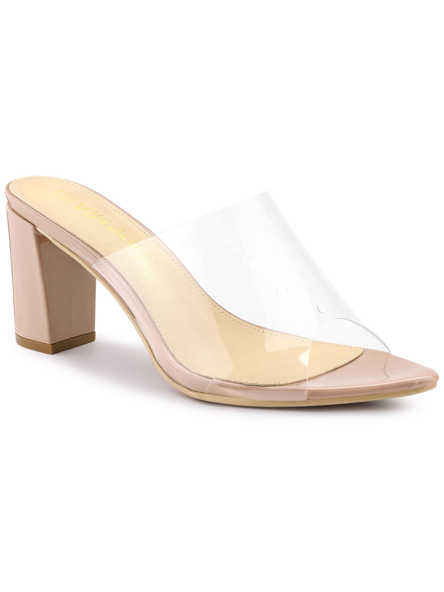 BLISSFUL STEP Mules à Talon Bloc Haut à Bout Pointu Transparent pour Femmes Sandales Slides Nude 7