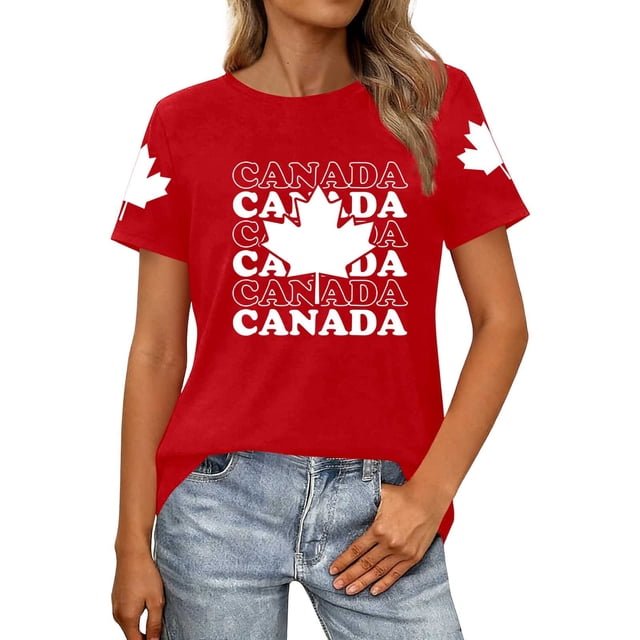 Fgnfyis T-Shirts Graphiques pour Femmes pour l'Été, Tenue Décontractée, Confortable, Manches Courtes, Col Rond, Tee avec Imprimé Patriotique de la Fête du Canada, T-Shirts pour Femmes Rouge m