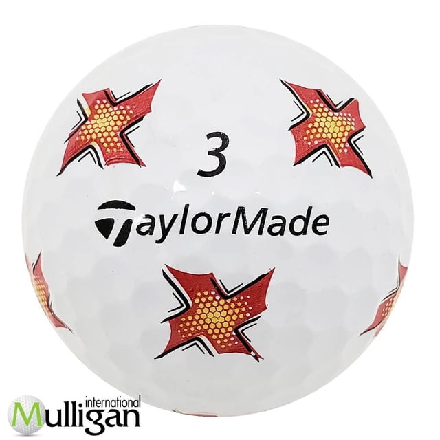 Mulligan - 48 Taylormade TP5 Pix 4A Recycled Used Golf Balls showing a close-up of a white golf ball with red and yellow star-shaped patterns, the number 3, and the black TaylorMade logo on its dimpled surface, suitable for eco-conscious advanced golfers and practice sessions.