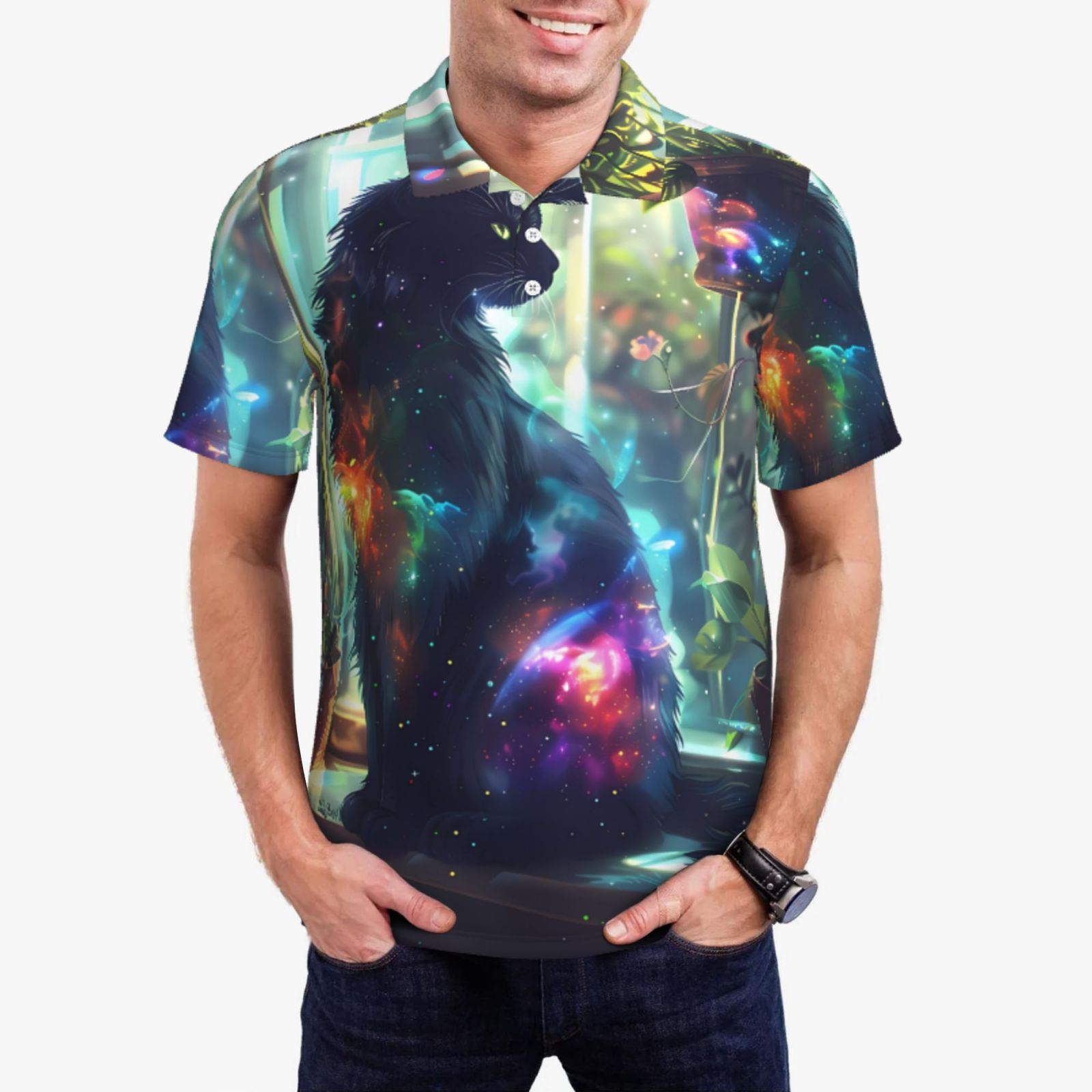 Xecao Cosmic Cat In Window Pattern Men’s Polo Shirt with Buttoned Collar Soft Breathable Casual Polo Shirt for Work, Leisure, and Outdoor Activities-X-Large