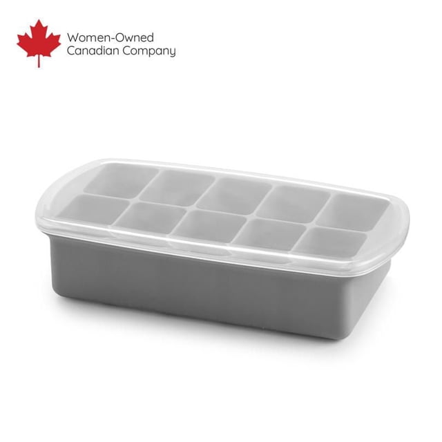 Silicone Baby Food Freezer Tray with Lid in grey, featuring ten 2oz flexible silicone compartments for freezing homemade baby food, with a clear lid to prevent spills and odors, shown in a front 3/4 view on a white background.
