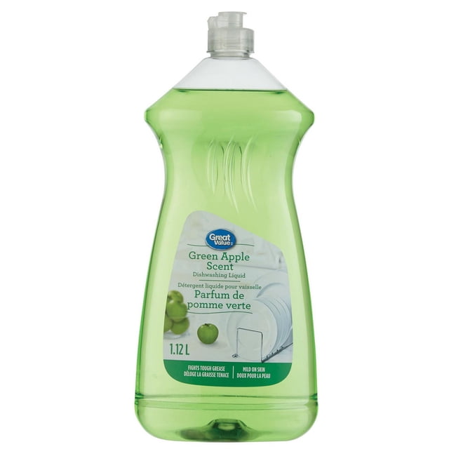 Great Value Green Apple Scent Dishwashing Liquid in a translucent green plastic bottle with a clear flip-top cap, containing 1.12 L. The label features the Great Value logo, green apple images, and highlights its grease-fighting formula that is mild on skin, suitable for household dishwashing.
