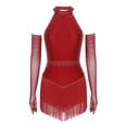 thumbnail image 2 of Hansber Robe de Danse pour Femmes à Franges en Strass avec Gants, Col Licou, Costume de Danse Latine pour Salle de Bal, Rumba, Salsa, Bourgogne G, 2 of 7