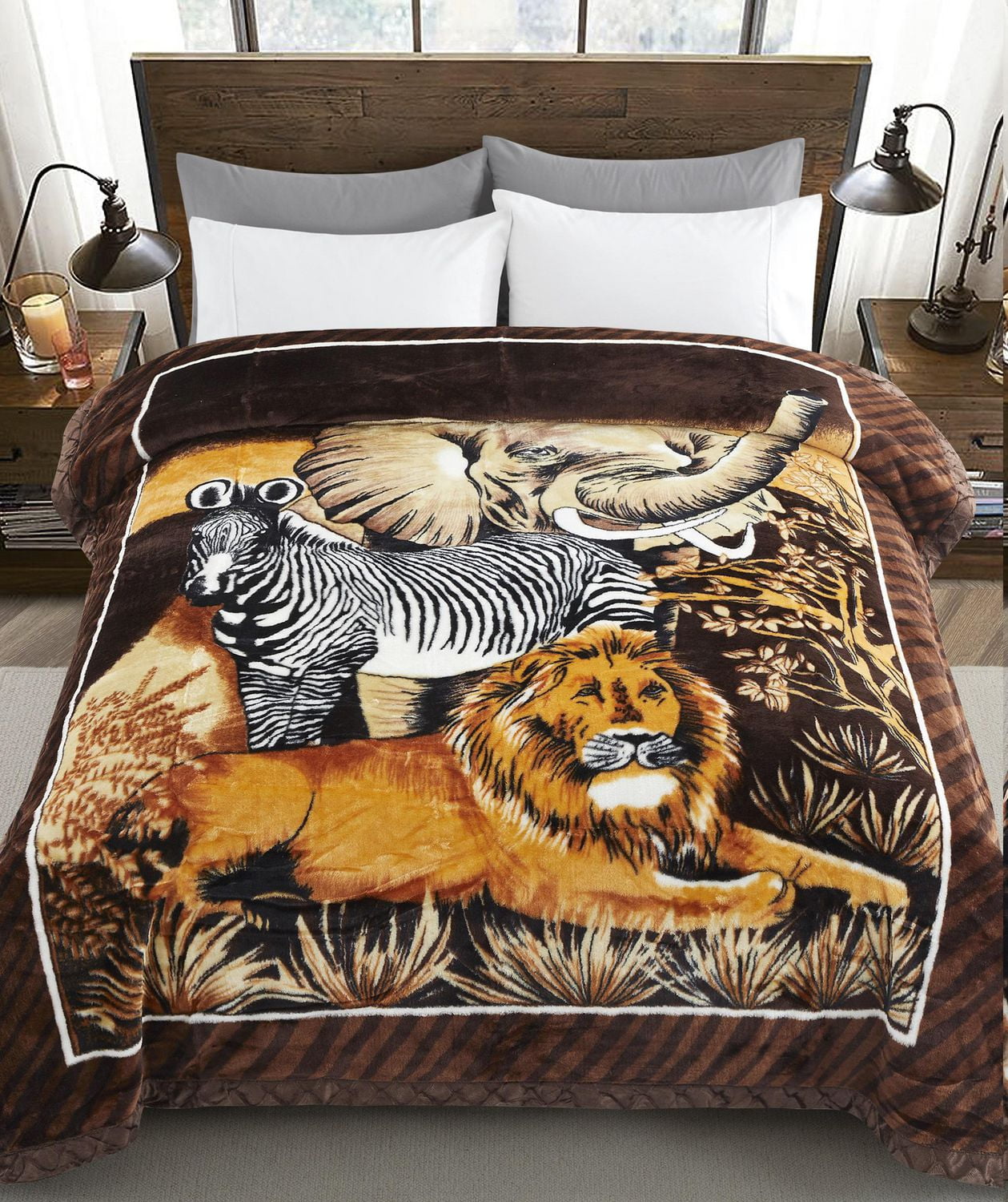 Couverture réversible Marina Decoration de 8 lb, surdimensionnée, tissée, moelleuse, douce et chaude, style coréen, en flanelle de vison à 2 plis, riche imprimé animal, motif cerf safari, 78 x 86 pouc