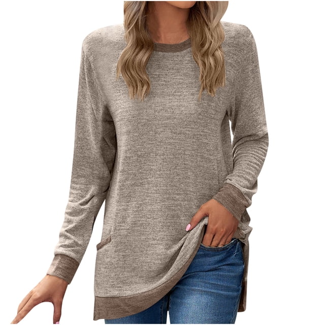 Pisexur Chandails en Molleton à Manches Longues pour Femmes Col Rond Décontracté T-Shirts Blouses Chandails en Molleton Tuniques avec Poche