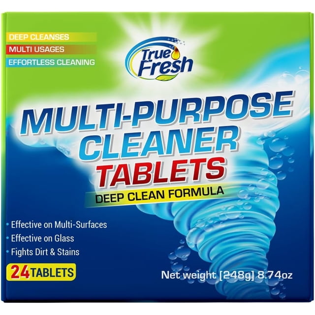 True Fresh All Purpose Cleaner Tablets 24 Pack with lavender scent, designed for multi-surface cleaning. The packaging highlights its deep clean formula, effective on glass, ceramic, wood, and metal surfaces, and its ability to fight dirt and stains. The box features a vibrant green and blue design with a swirling water graphic, emphasizing its eco-friendly and refillable cleaning solution. Net weight is 248g (8.74oz).