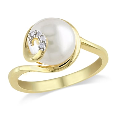 Miabella 9-9.5mm White Round Cultured Freshwater Pearl and Diamond-Accent Yellow Rhodium-Plated Sterling Silver Swirl Ring