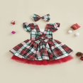 thumbnail image 4 of Plaid Square Neck Fly Sleeve Layered Dress with Belt+ Bowknot Headband, 4 of 9