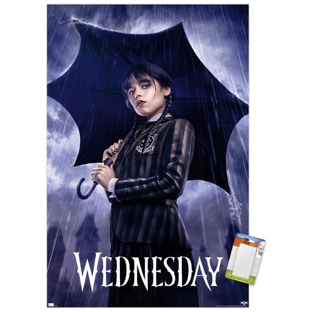 Wednesday - One Sheet Wall Poster, 22.375" x 34" depicting a figure in a black and gray striped blazer holding a bat-wing shaped black umbrella under rain with a dark cloudy sky and 'WEDNESDAY' in white gothic font at the bottom, ideal for home or office wall decor.