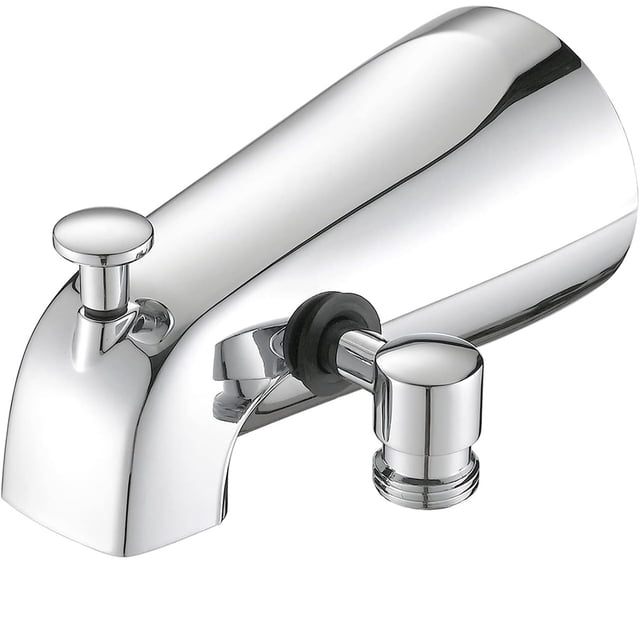 Modern Design Tub Spout with Diverter, Bathtub Faucet featuring a sleek silver metallic finish. The spout has a built-in diverter lever on top and a secondary water outlet at the base, designed for versatile water flow options. Its polished surface complements contemporary bathroom decor, while the durable construction ensures corrosion resistance. Ideal for easy DIY installation with a standard interface.