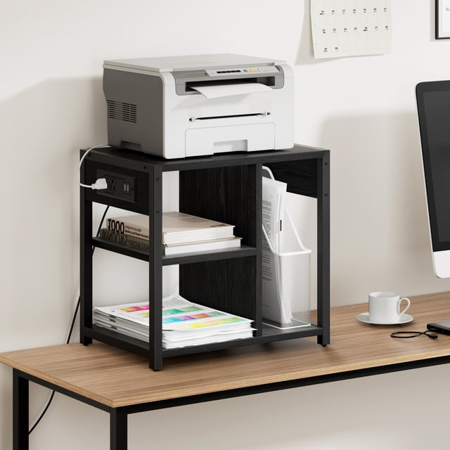 Removable Desktop Printer Stand with Charging Station, 3 Tier Under Desk Rolling Printer Table Printer Cart with Storage Shelf and Wheels