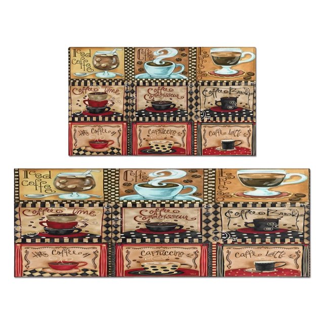 Coffee Farmhouse Plaid Style Kitchen Mats for Floor Water Proof Non-Slip, Absorbent Mats Set Of 2 for Sink Waterproof Runner Rug for Laundry Room,kitchen Mats 17.7x24+17.7x48inch