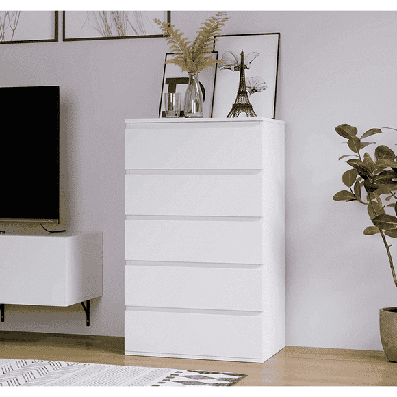 Homfa Commode Blanche à 5 Tiroirs, Armoire de Rangement Moderne pour Chambre, Grande Commode pour Salon