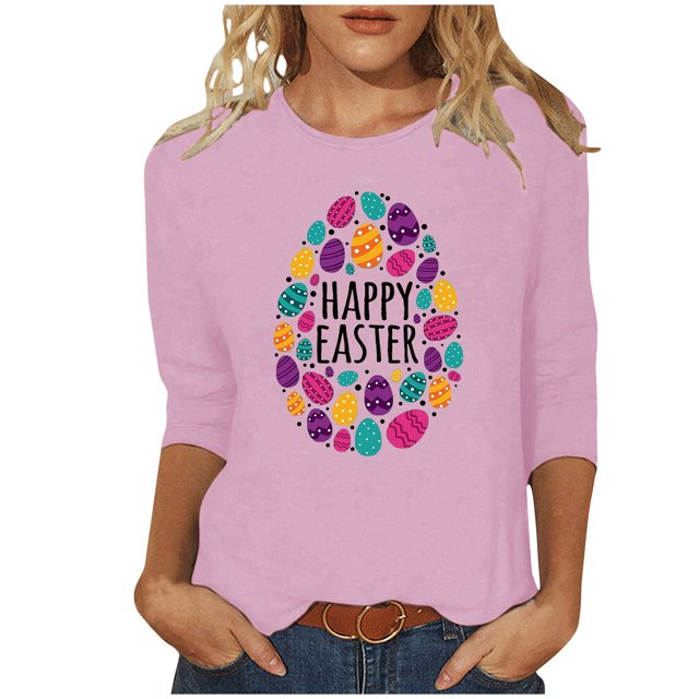 RKSTN Hauts Grande Taille pour Femmes Ufs de Pâques Mignons Imprimés Lapin Coupe Ample Col Rond Manches 3/4 Printemps Été Blouse Douce