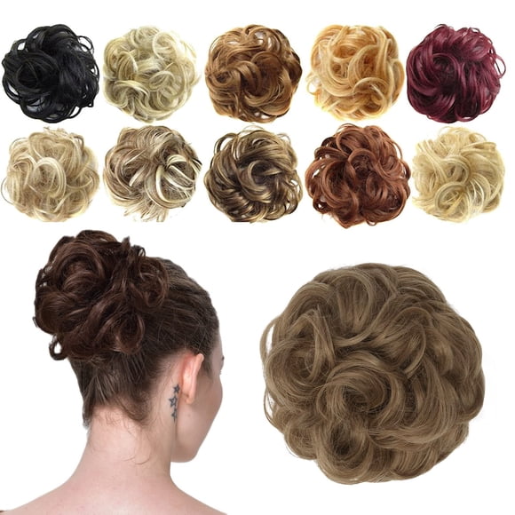 FESHFEN Chignon Désordonné Pièce de Cheveux, Chignon Désordonné Chouchous pour Femmes Synthétiques Ondulés Chignon Queue de Cheval Extensions de Cheveux Épais Pièce de Cheveux pour Usage Quotidien 1PCS, Brun Clair Mélange Blond Naturel