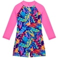 thumbnail image 1 of PMVFHDE Girls Long Sleeve Rash Guard Swimsuit with Floral Print - UPF 50+ Sun Protection Swimwear, Quick-Dry Front Zip Closure One-Piece Bathing Suits for Toddler Kids Pink,8-9Years, 1 of 9