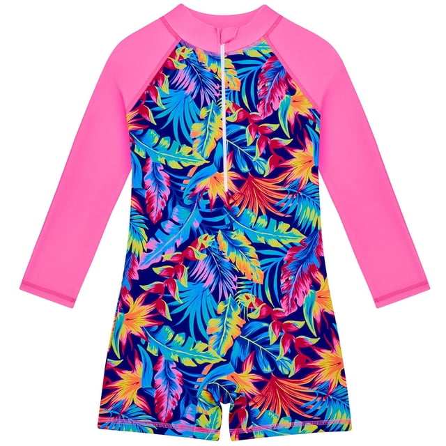 PMVFHDE Girls Long Sleeve Rash Guard Swimsuit with Floral Print - UPF 50+ Sun Protection Swimwear, Quick-Dry Front Zip Closure One-Piece Bathing Suits for Toddler Kids Pink,8-9Years