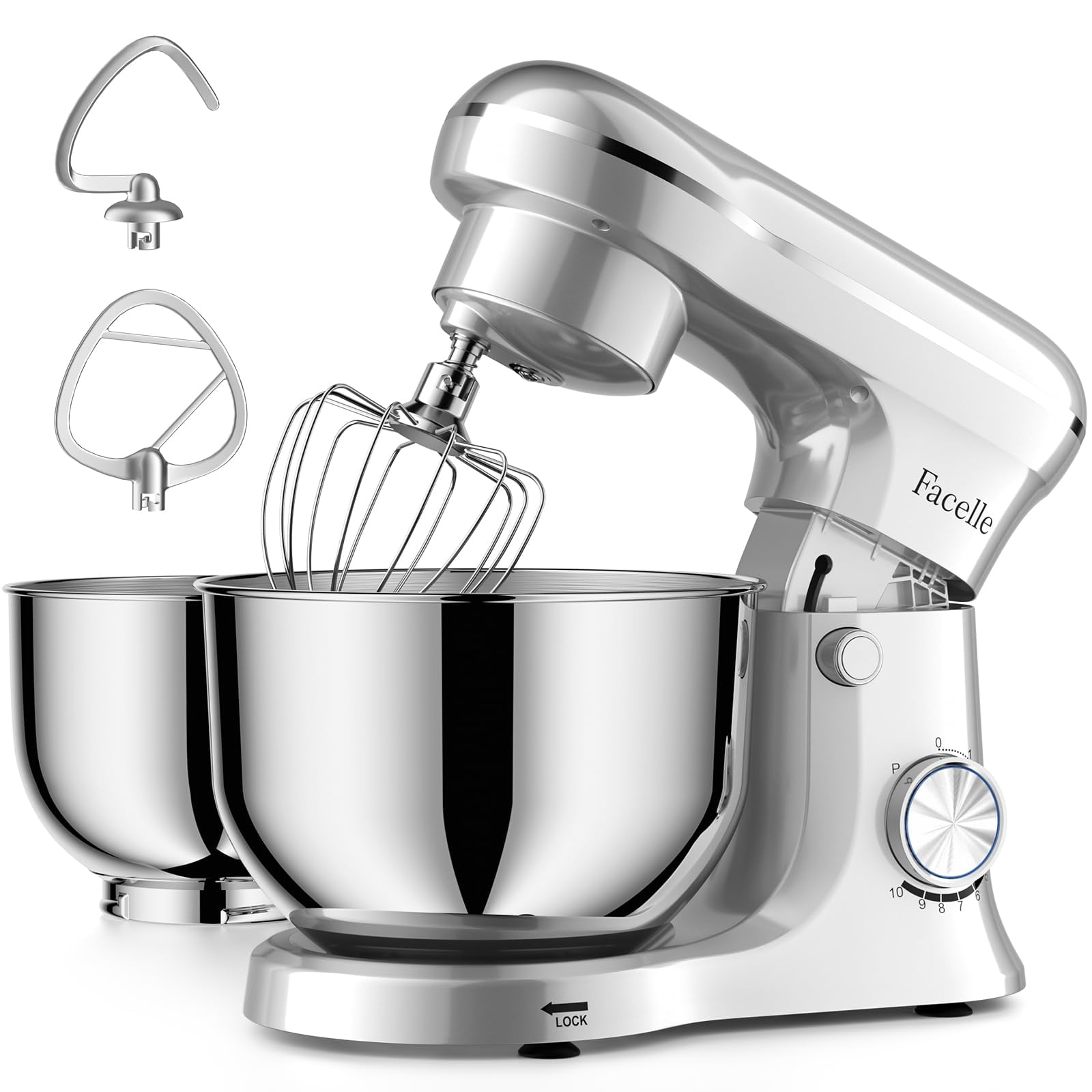 Facelle Tilt-Head Stand Mixer, 5QT+6QT Stainless Steel Two Bowls, 10 Speeds Kitchen Electric Food Mixer with Egg Whisk, Dough Hook, Beater, Dishwashe