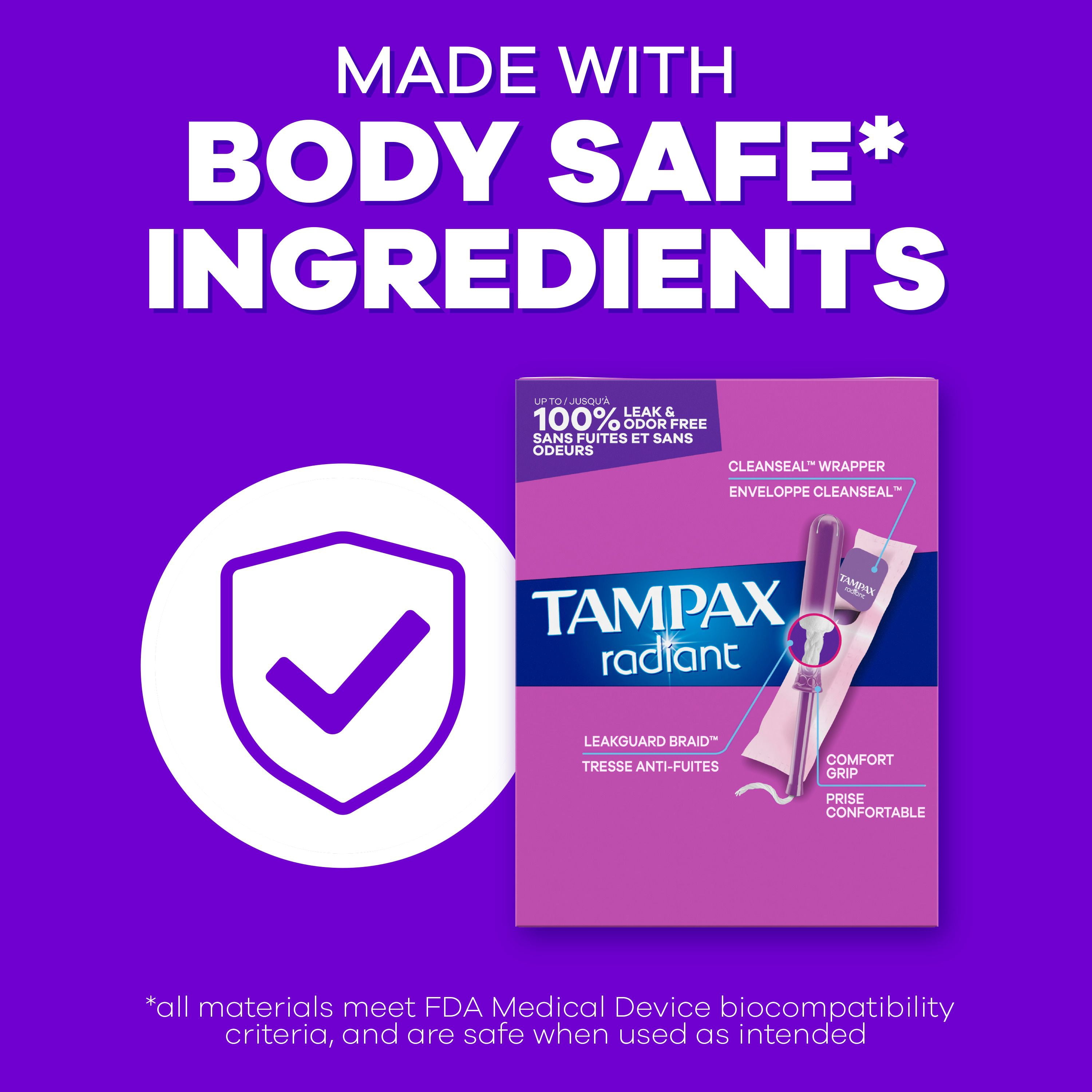Tampax Radiant Emballage Multiple de Tampons, avec Tresse Anti-Fuites, Absorption Régulière/super, Non Parfumés
