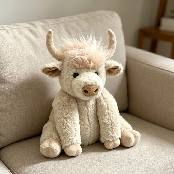 ZZkhGO Realistic Articulated Scottish Cow Toy, Long-Haired Highland Cow Plush with Sound-Emitting Moo, Soft Cuddly Stuffed Animal for Home Decor Gift, White