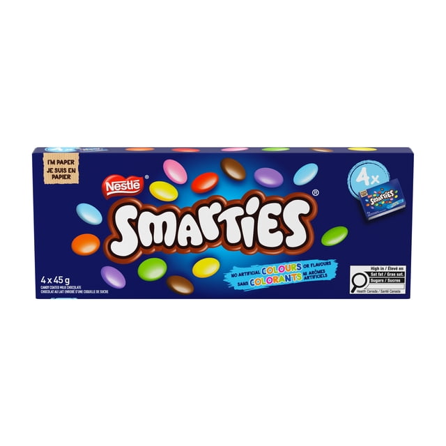 Smarties Candy Coated Milk Chocolate Multipack containing four 45g boxes with colorful candy-coated milk chocolate pieces on a blue background, made with 100% natural colours and flavours, recyclable paper packaging, produced in a peanut-free facility, ideal for sharing or baking into treats.