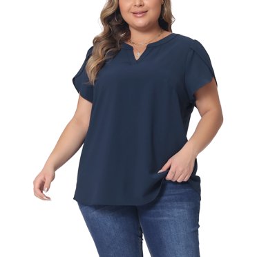 Agnes Orinda Women's Plus Size Blouses Notched V Neck Short Petal Sleeve Shirts Casual Tops 2X Dark Blue