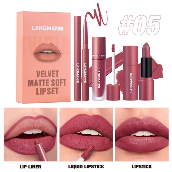 Herunwer 3 in 1 Matte Velvet Lipstick Set-Lip Liner,Lip Gloss and Lipstick Combo,Perfect for Natural Lip Contour,Waterproof And Longlasting Effect Lip Makeup,Unique Festival Gift
