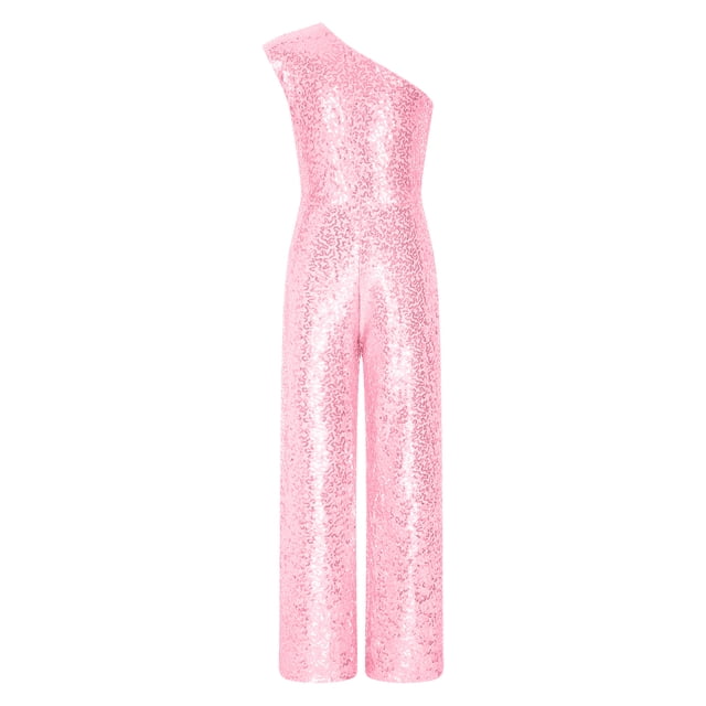 RUNQHUI Combinaison de Fête Sans Manches à une Épaule Pailletée pour Filles Rose 14