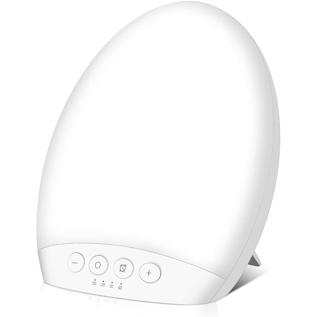 10000 Lux Light Therapy Lamp, UV-Free LED Phototherapy Lamp with adjustable brightness and color temperature. The lamp features a sleek, curved design with a white finish and a control panel at the base, offering 4 timer settings and memory function. Suitable for home or office use, it provides up to 10,000 lux of UV-free light intensity to help improve mood, focus, and energy, especially during dark or rainy days. Includes a foldable stand for versatile placement.