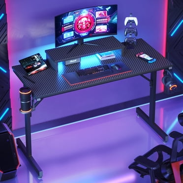 Bestier 42" Gaming Desk with LED Lights, Computer Desk with Monitor Stand in Black Carbon Fiber Adults