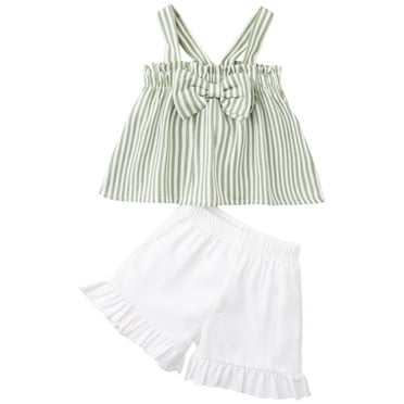 Splozh Toddler Girl's 2 Pieces Summer Outfits Toddler Baby Girl Summer Clothes Cute Cotton Linen Outfits Bow Shirts Tops + Ruffle Shorts 2 Piece Set Green,4-5 Years