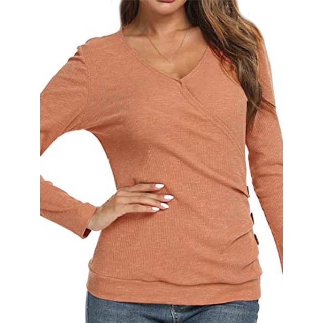Women Wrap Front Side Buttons Long Sleeve V Neck Plain Shirt