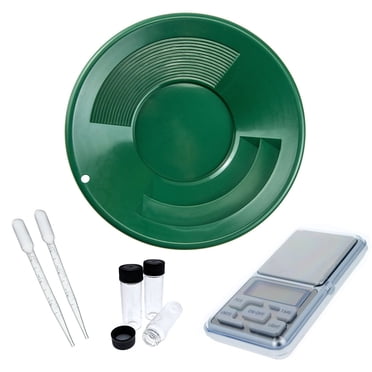 7pc ASR Outdoor Gold Rush Gold Prospecting Pan Kit Glass Vials Testing Stone