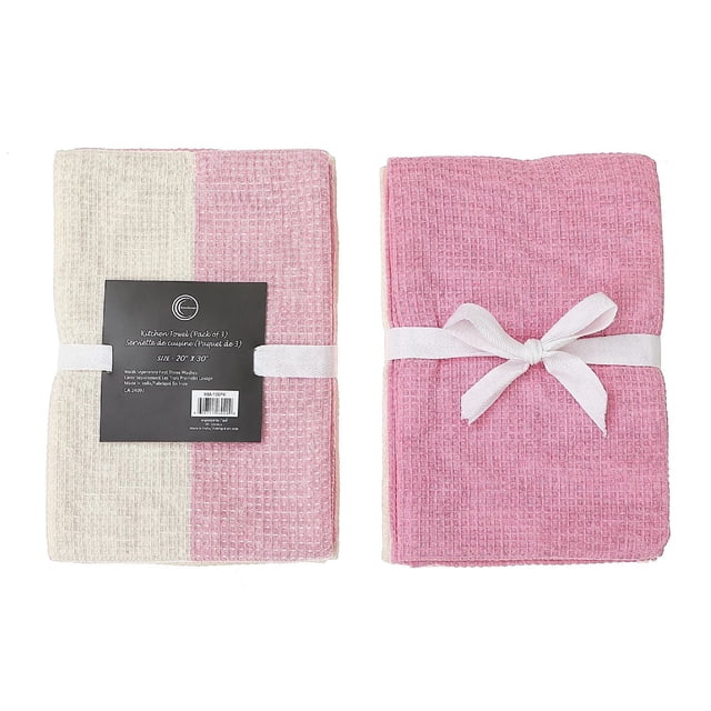 3 Pack Dual Waffle Kitchen Towel Set (Blush) with two folded cotton towels featuring a waffle texture; one towel is half blush pink and half cream secured with a white band and label, the other is fully blush pink tied with a white ribbon, ideal for kitchen hand drying and wiping surfaces.