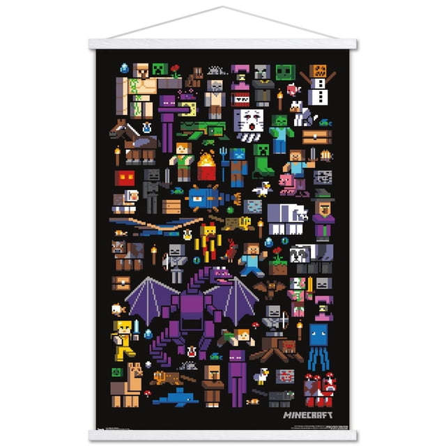 Minecraft - Affiche Murale Mobbery, 22,375 Po x 34 Po, Affichant des mobs Minecraft Pixélisés et des Personnages Arrangés en Grille sur Fond Noir, Présentant un Grand Dragon Ender Violet, des Rampants, des Zombies, des Squelettes, un Golem des Neiges, une Sorcière et Divers Animaux comme des Chevaux et des Chats, Imprimée sur Papier d'Affiche Brillant aux Couleurs Vibrantes, art Mural Idéal pour la Déco de la Maison, les Salles de Jeux Ou les Dortoirs.