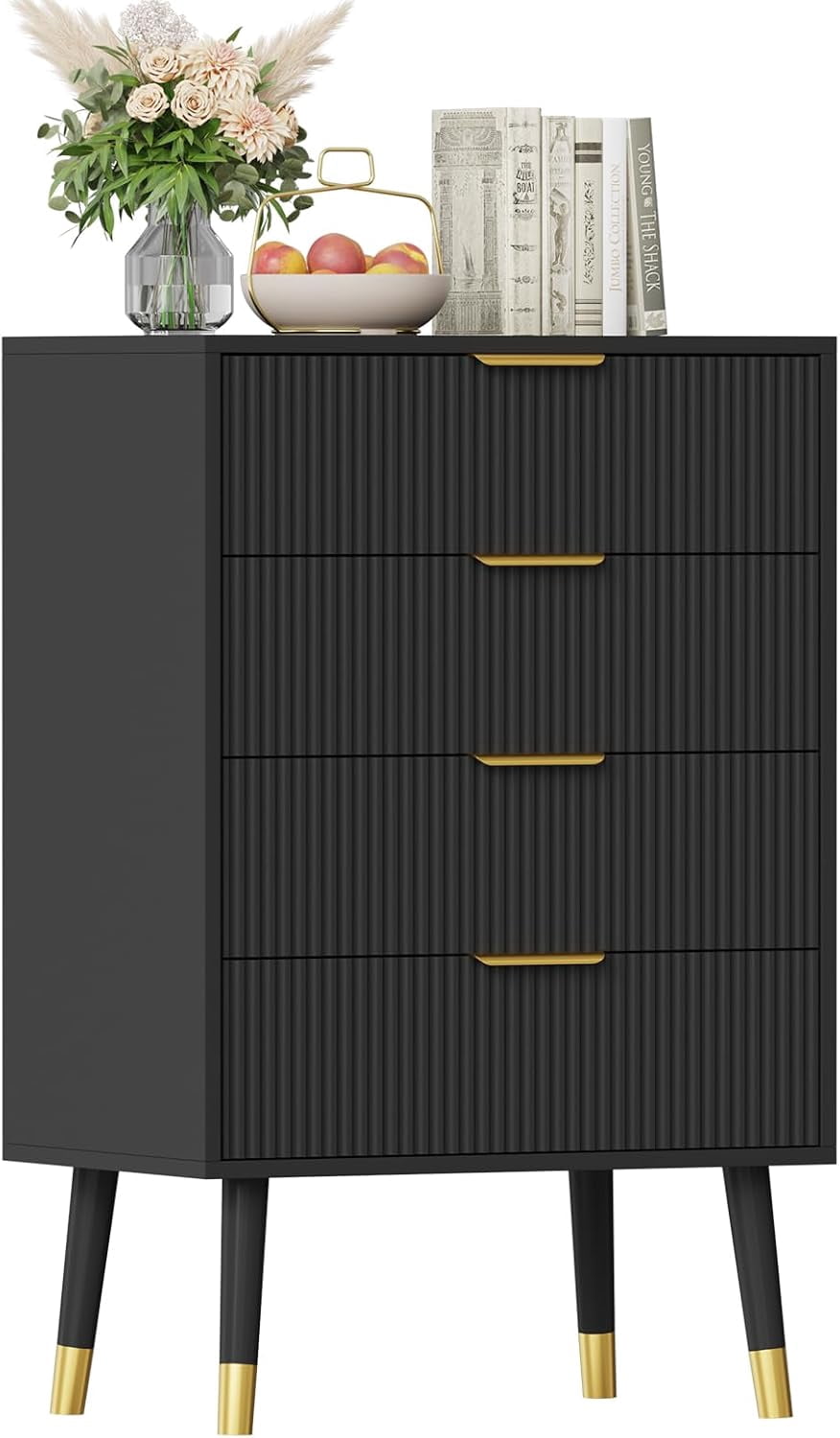 4 Drawer Dresser for Bedroom, Modern Closet Dressers Chest of Drawers, Wood Storage Dresser Chest Cabinet Organizer Unit, Small Fluted Nightstands for Bedroom, Black