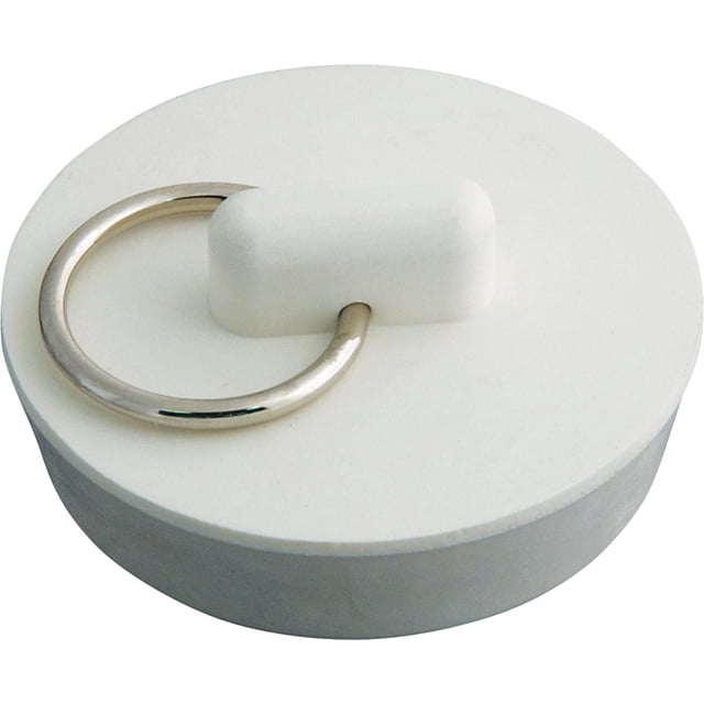Peerless Butée de Lavabo 1-1/2 Pouces en Blanc, Montrée en Gros Plan sur le devant. Cet Accessoire de drain Rond en Caoutchouc Présente un Dessus Blanc Lisse avec un Anneau Métallique Fixé à une Poignée Rectangulaire pour un Retrait Facile. Convient aux Éviers, Cuves à Lessive et Ouvertures de drain 1-1/2 Pouces, Souvent Utilisé comme Pièce Pratique de Robinet de Salle de Bain.