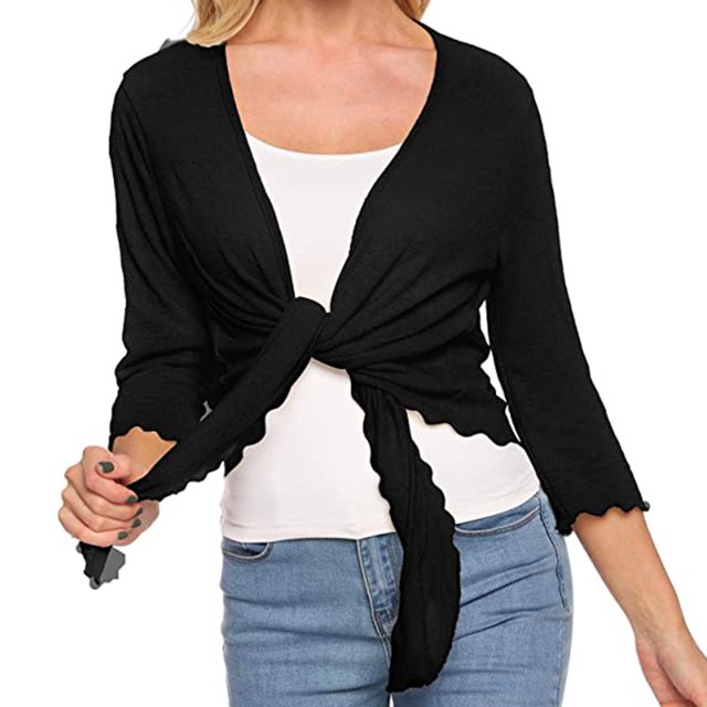Simua Women Casual Lightweight Open Front Solid 3/4 Sleeve Draped Ruffles Kimono Cardigan