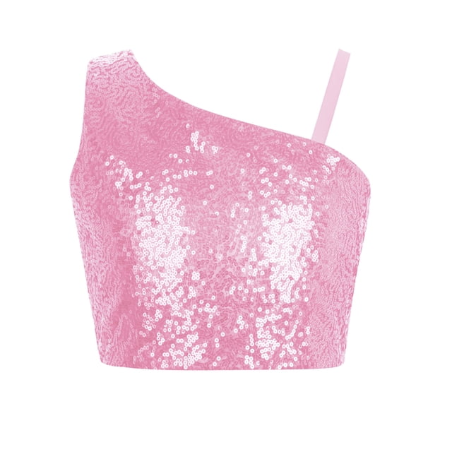 iixpin Girls Off Shoulder Tops Kids Sparkle Glitter Spaghetti Straps Pageant Crop Tank Top Pink 8