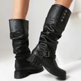 thumbnail image 4 of Slouchy Motorcycle Riding Combat Boots for Women Studded Leather Buckle Square Toe Knee High Cowboy Tall Boots, 4 of 6