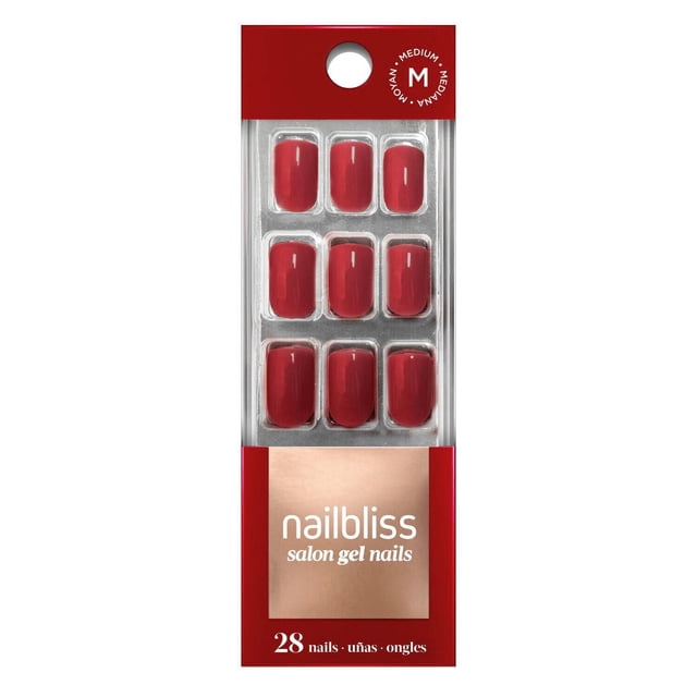 DASHING DIVA - GEL NAIL - HOT PEPPER medium red gel false nails in clear tray inside red and rose gold nailbliss salon gel nails packaging with 28 nails, chip resistant and easy to apply for up to 10 days wear