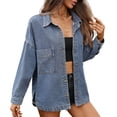 thumbnail image 2 of Womens Oversized Denim Shirt Jacket Button Down Long Sleeve Fall Casual Jean Shackets Blue XL, 2 of 8