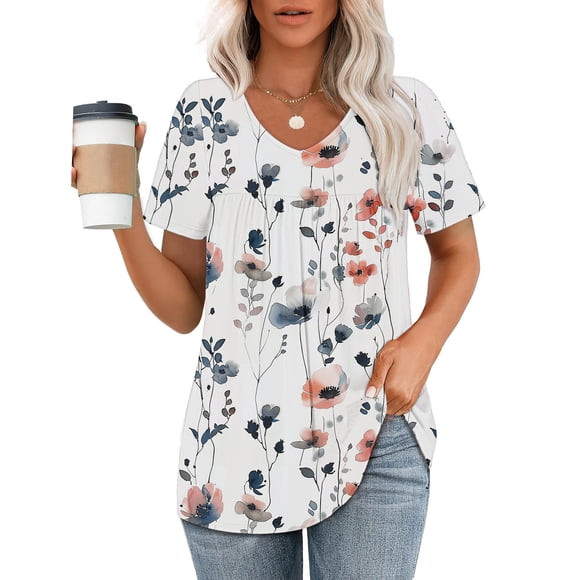 Clearance Fatuov Plus Size Women's T-Shirts V-Neck Pleated Tunic Tops Short Sleeve Summer Floral Pattern Everyday Blouses Multicolor