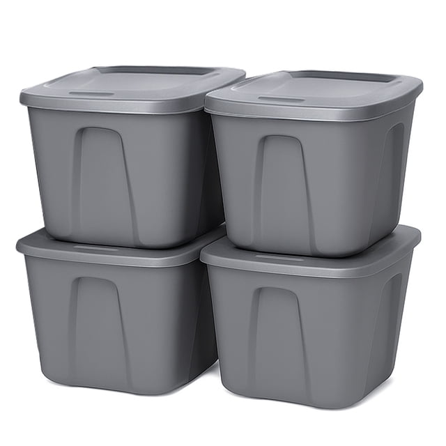 Homz Contenant de Rangement en Plastique Robuste de 10 Gallons, Titane Argent (Lot de 4)